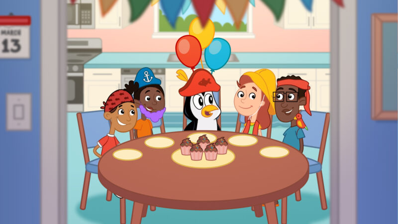 A cartoon party scene with Pedro the Penguin and friends